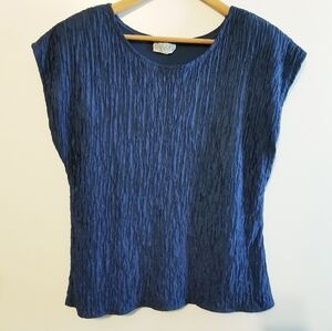 Copy Cats Royal Blue Satin Crinkle Short Sleeve Blouse Large Vintage Formal